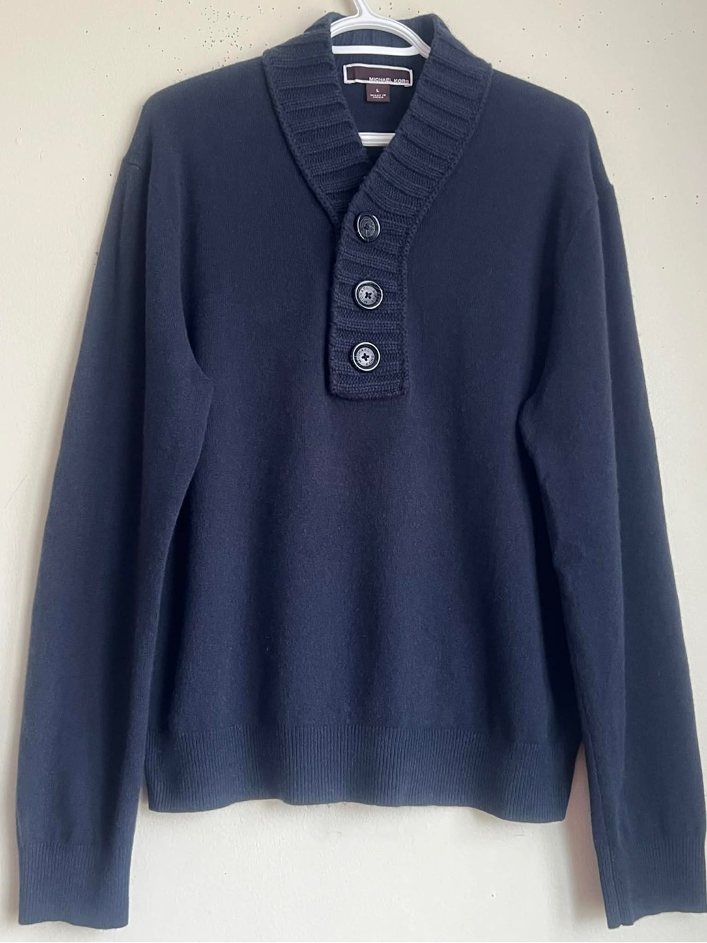 Michael Kors Navy V-Neck Shawl-Collar Button Pullover Sweater